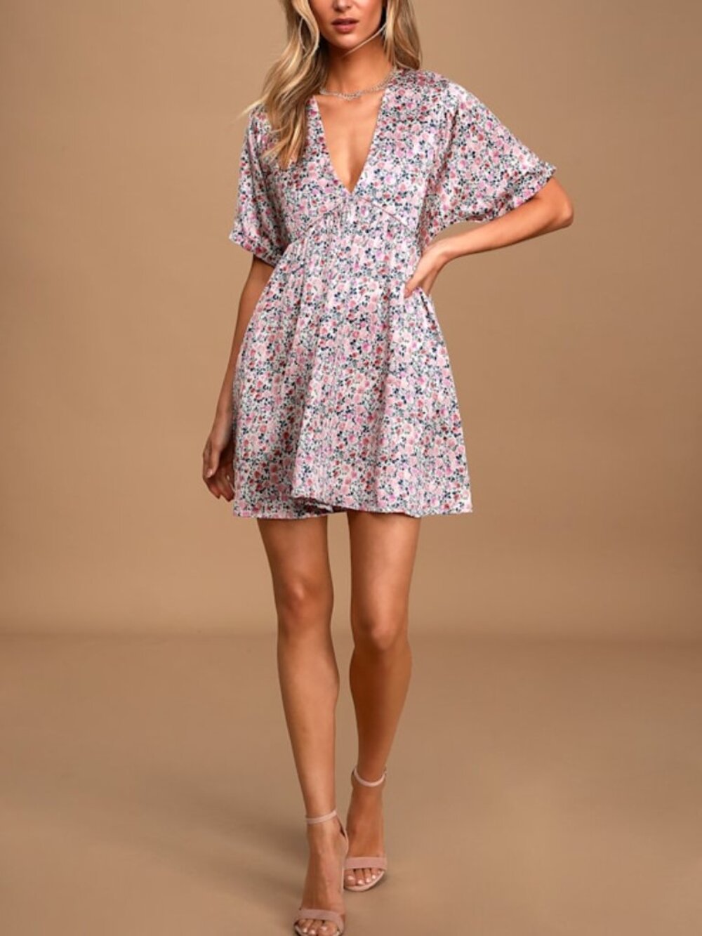 Lulus Express Yourself Blush Pink Floral Print Satin Babydoll Dress - Size XS